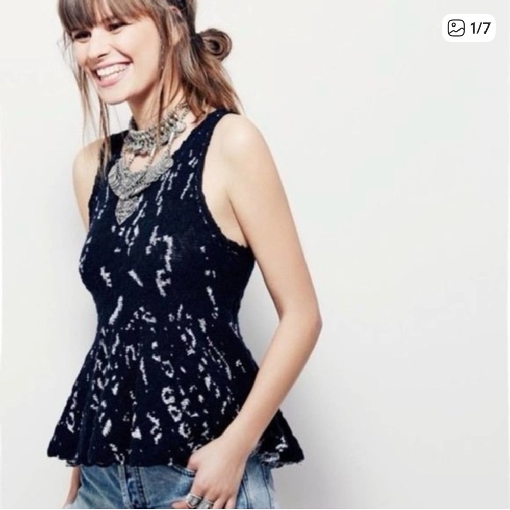 "Free People Black Sleeveless Peplum Sweater | White Detail | Size Small